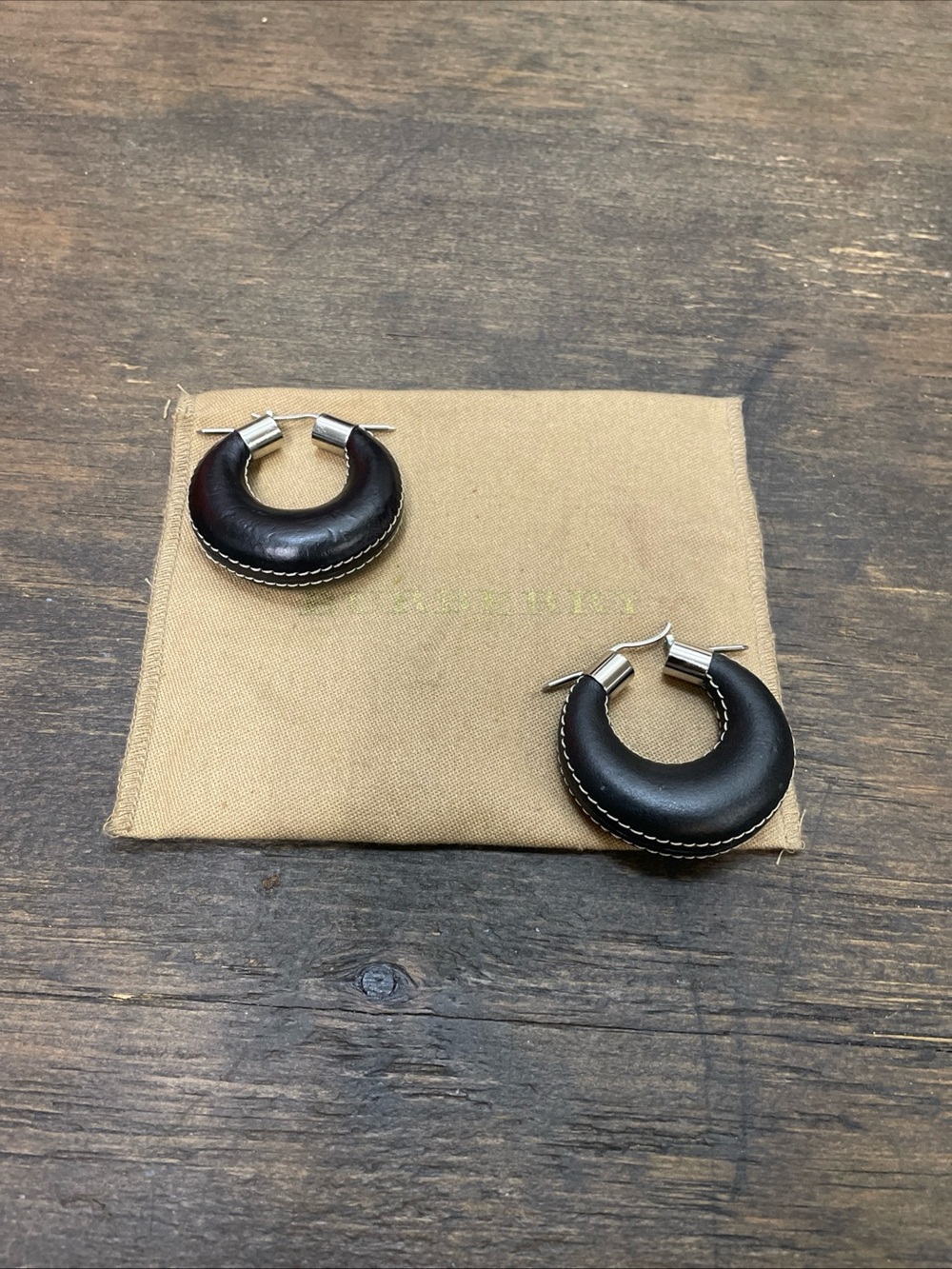 Burberry Black Leather Hoop Earrings with Palladium Hardware